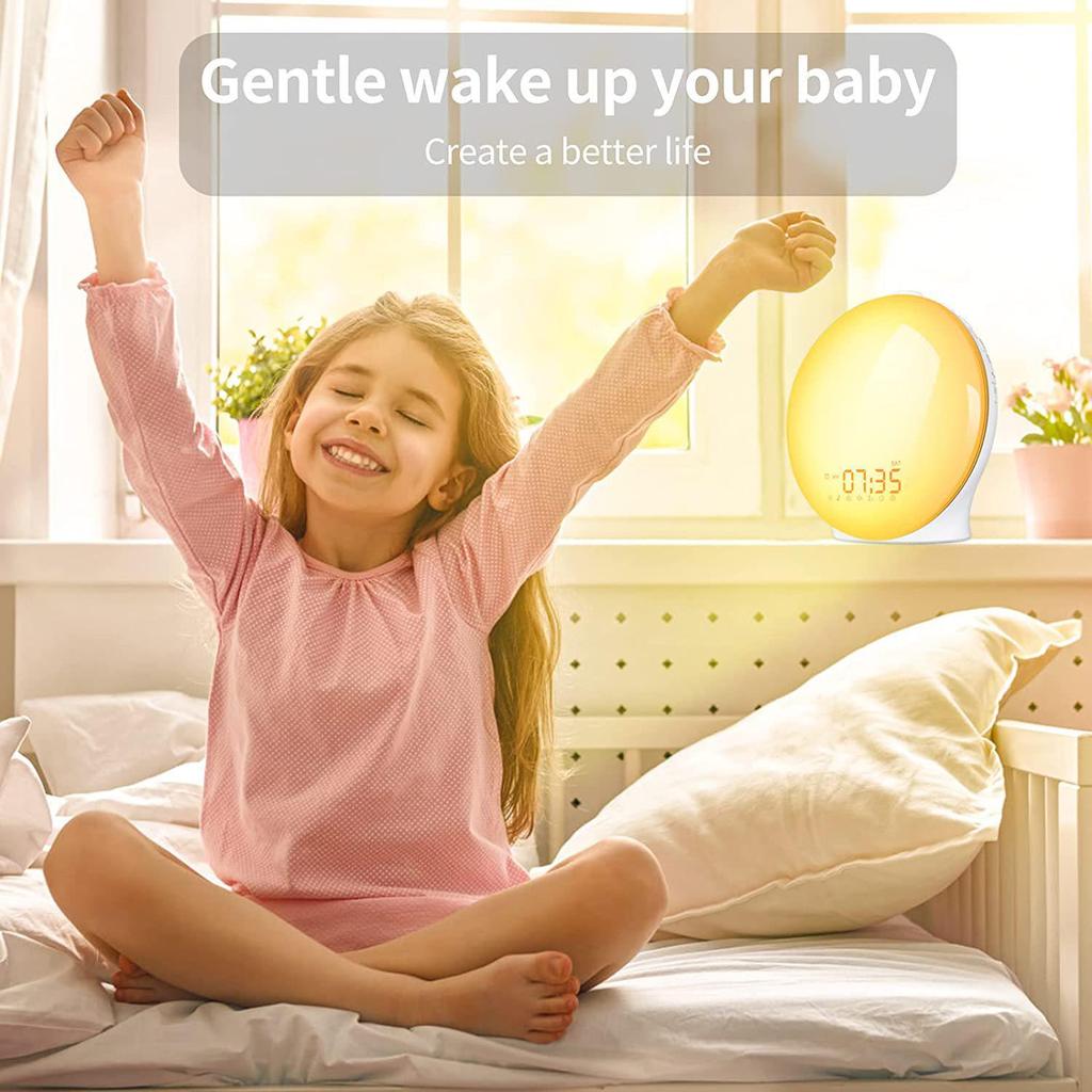 Sonnenaufgangs- & Sonnenuntergangssimulations-Wecker mit FM-Radio und buntem Nachtlicht für Kinder.