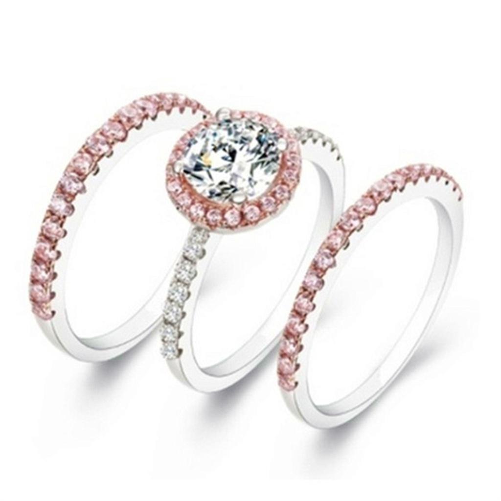 European And American Trend Three -Piece Powder Diamond Ring Female Crystal Vermiculite Hand Ornaments