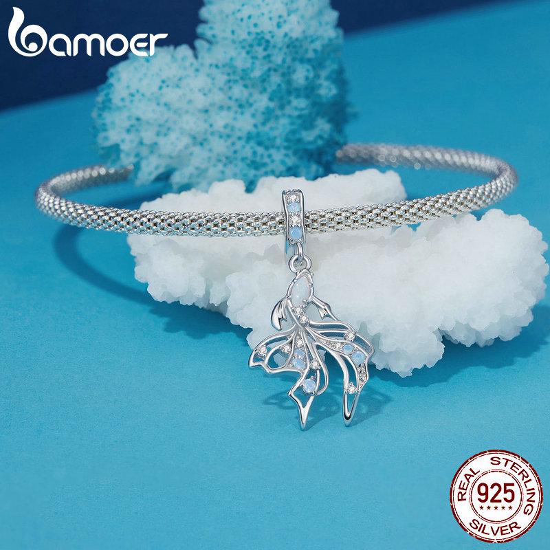 BAMOER 925 Sterling Silver Breloc de meduze Curcubeu Pandantiv coadă de sirenă Margele de vis de ocean se potrivesc DIY Brățară Colier Bijuterii