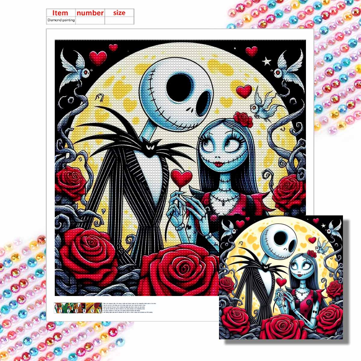

DIY Diamond Painting Roses and Skeletons Cross Stitch Kit Mosaic Art Diamond Painting Full Circle Diamond Home Decoration Round 20x20cm