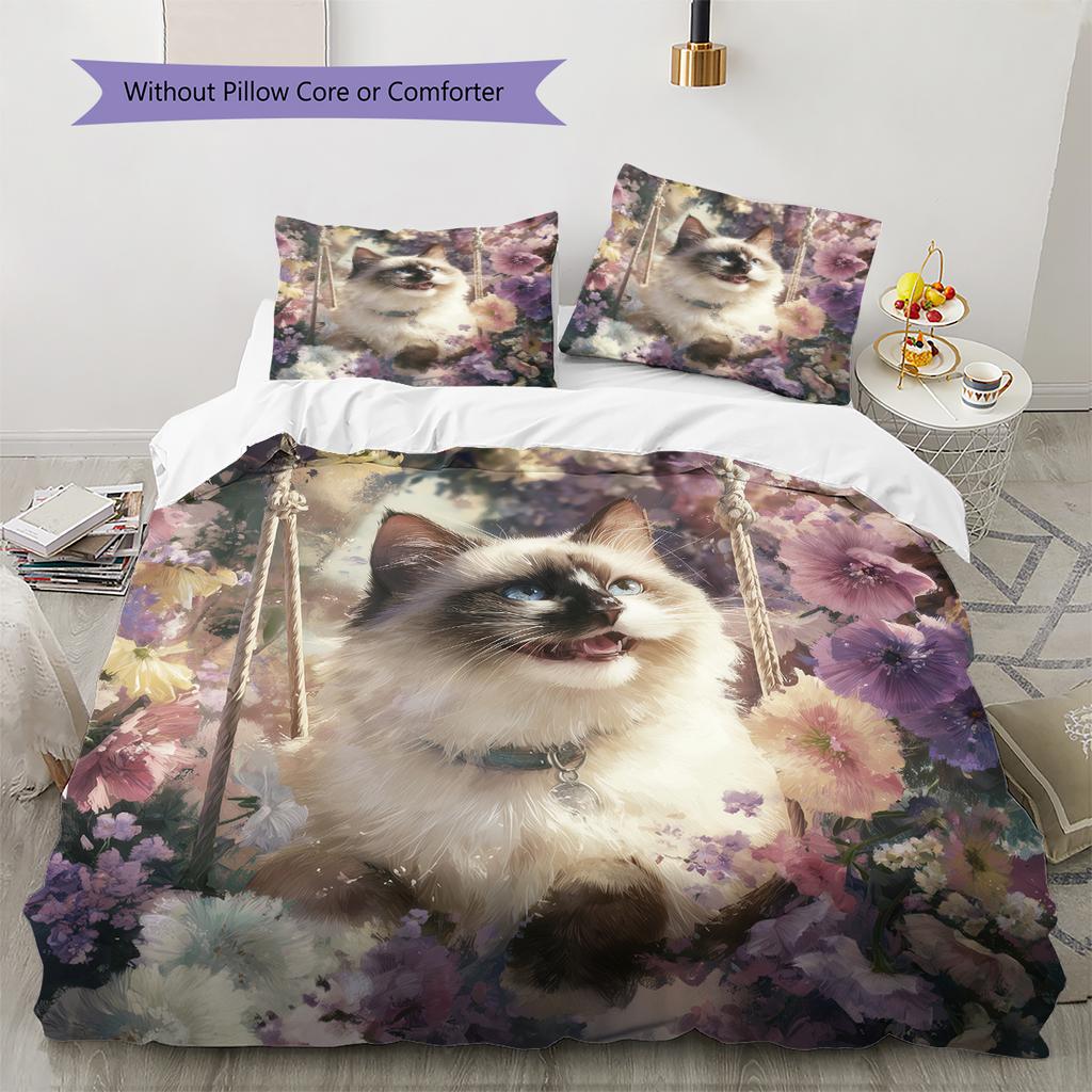 Ragdoll Cat and Fresh Flowers Pattern Bedding Home Decoration Birthday Gift (1 * Duvet Cover + 2 * Pillowcase, Without Core)