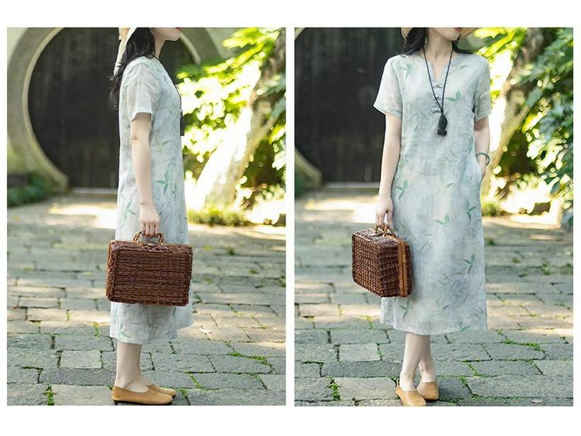 V-neck A-line Dress with Literary Bamboo Leaf Print and Frog Buttons