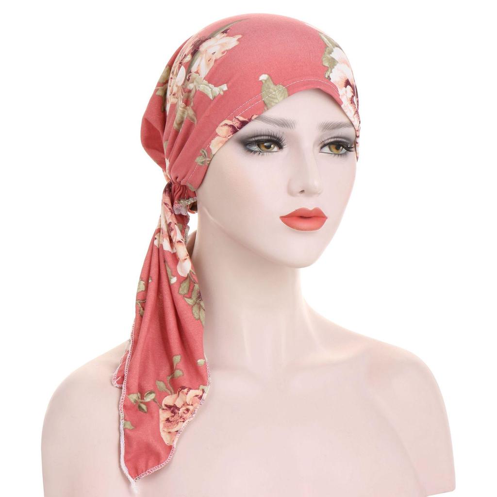 European-American Floral Print Two-Tail Curved Muslim Headscarf Pullover Hat
