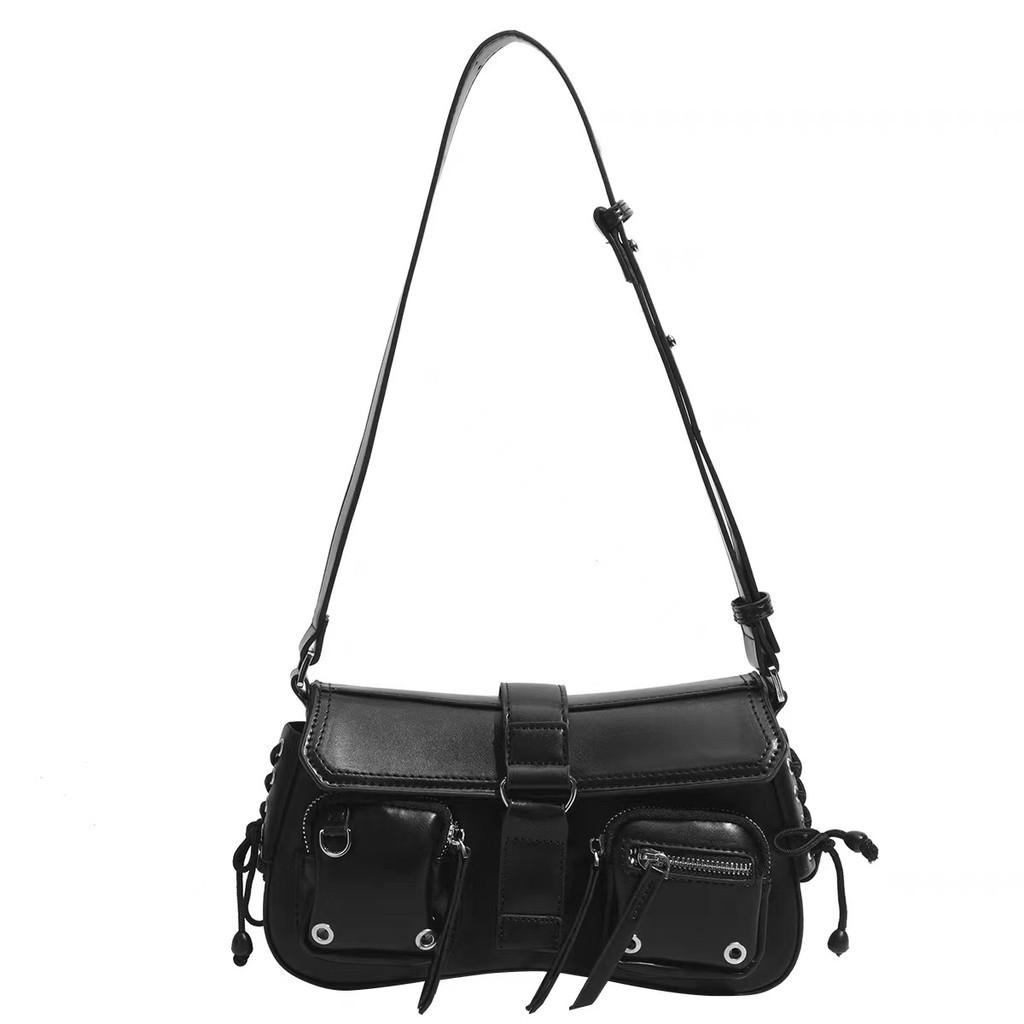 IELGY premium black locomotive bag, sweet and cool Spice Girl baguette bag, niche one-shoulder crossbody armpit bag