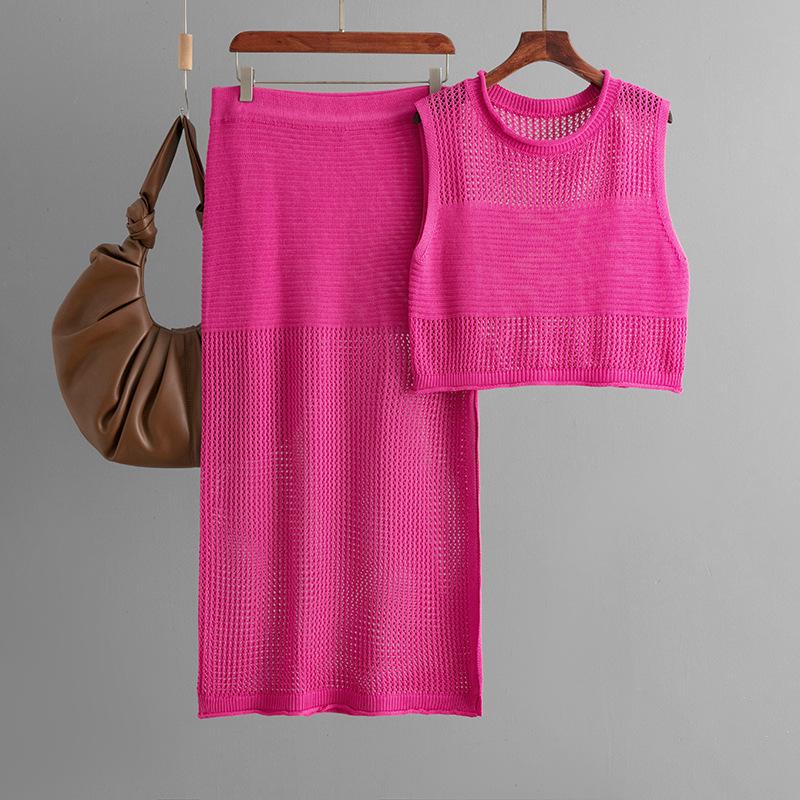 Tailored Hollow Sleeveless Vest Set For Summer Knitted Slit Skirt Two-piece Set
