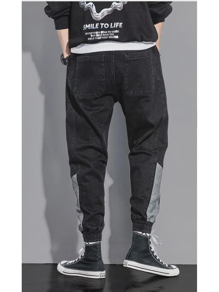 Men's Korean Style Black Cuffed Jeans - Casual Loose Fit Harem Pants for Spring and Autumn