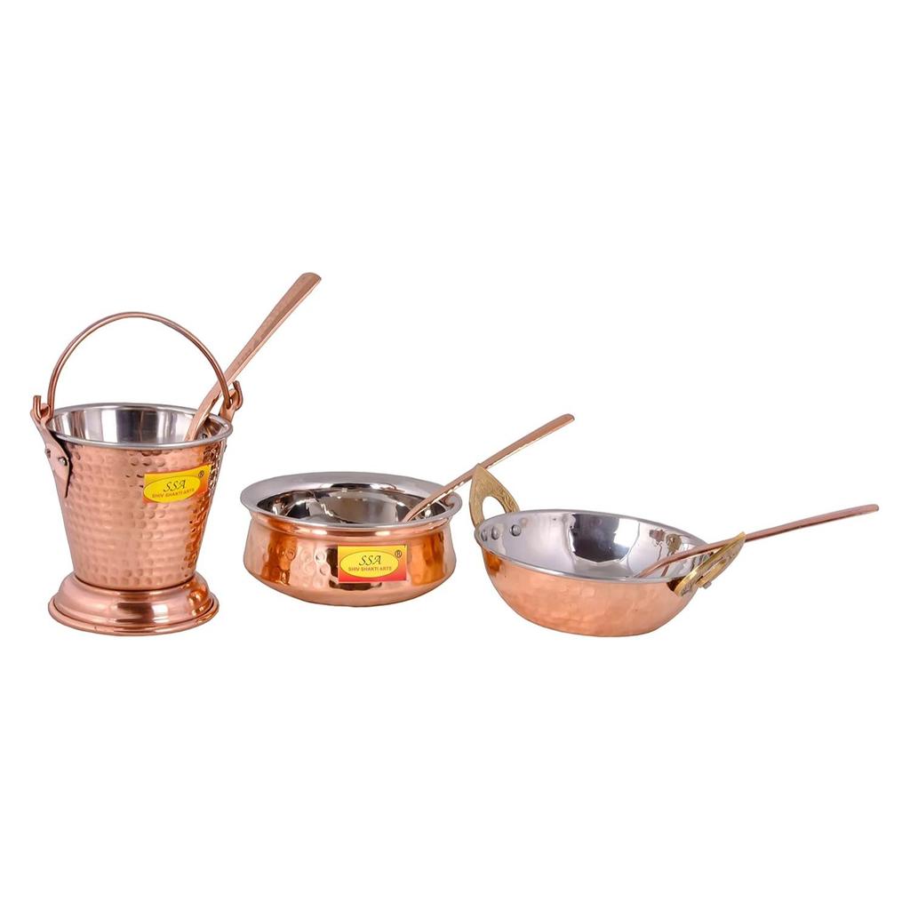 Copper Tableware Serving Set Inside Steel | Dinnerware Combo With Spoon (1 Bucket, 1 Kadhai, 1 Handi), 3 Pieces