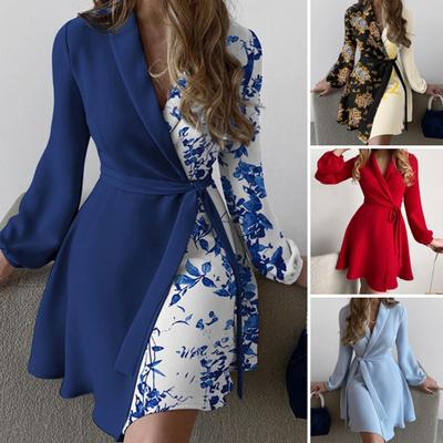 Spring Fall Lady Women Dress with Lace-up Waist Tie Lapel V Neck A-line Color Matching Coat Style Long Sleeves Commuting Business Mini Dress