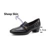 Krazing Pot Sheepskin Round Toe Thick Med Heels Spring Shoes Slip On Big Size 42 Metal Flowers Women Pleated Pumps