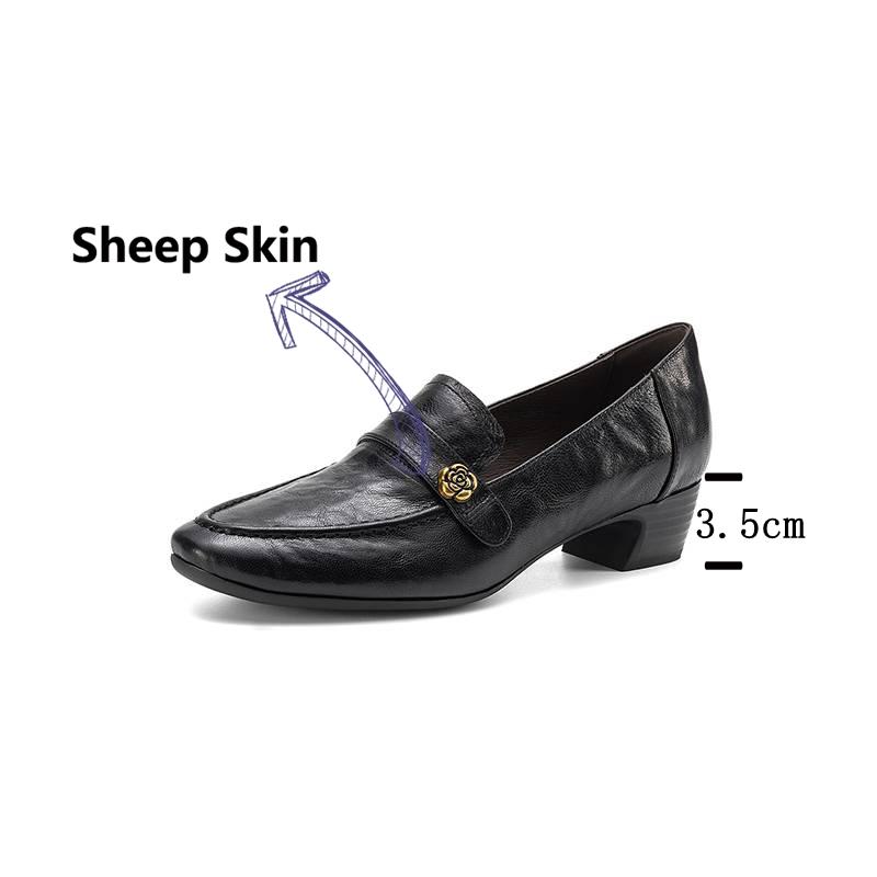 Krazing Pot Sheepskin Round Toe Thick Med Heels Spring Shoes Slip On Big Size 42 Metal Flowers Women Pleated Pumps
