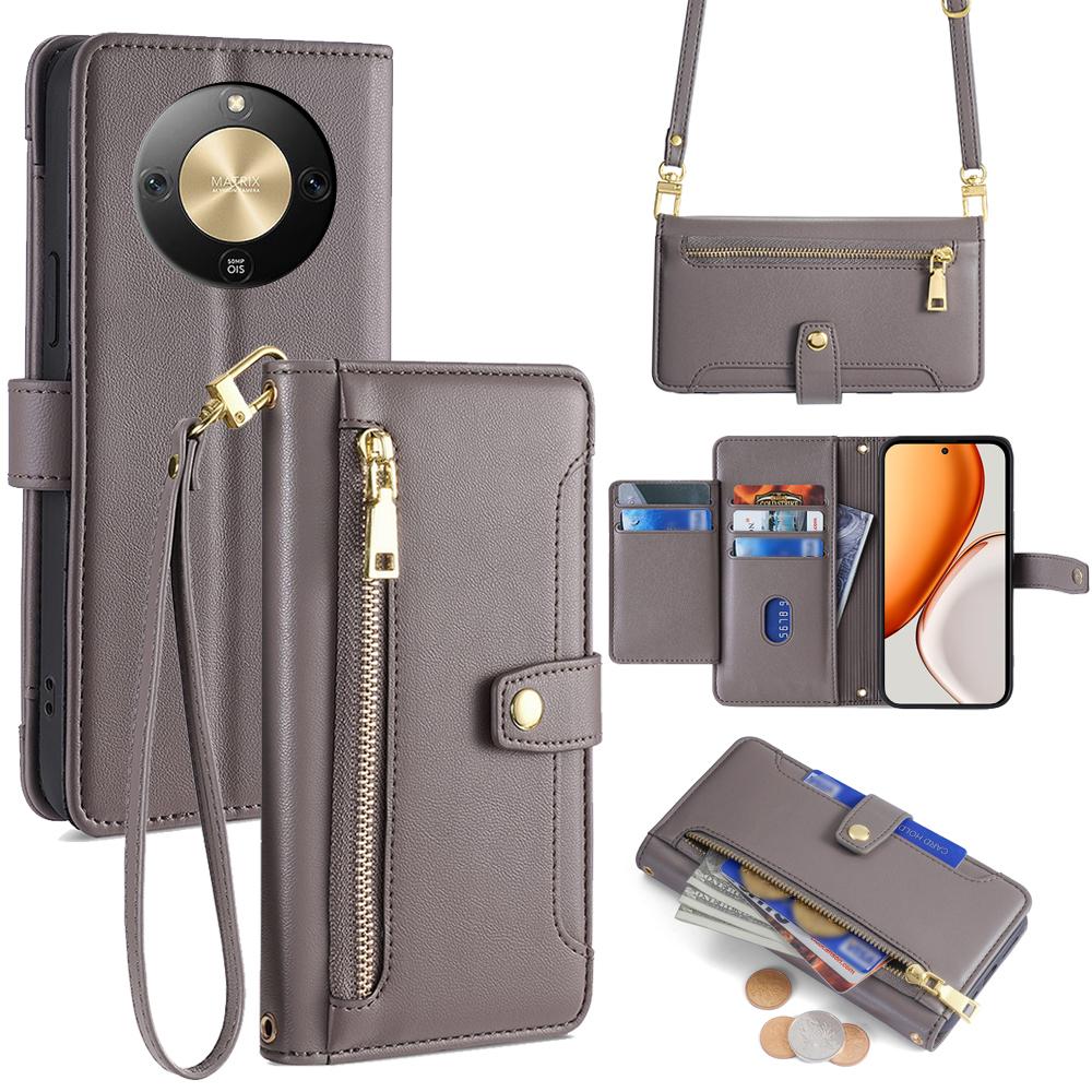 For Honor X70 5G Leather Case Zipper Pocket Wallet Phone Cover with 2 Straps
