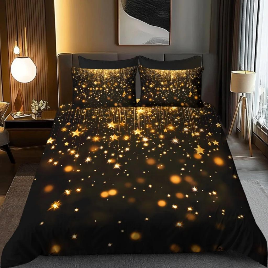 3Pcs Black Golden Shiny 3D Print Bedding Set Cozy Comfortable Duvet Cover King Queen Twin Size Birthday Gift Bedroom Decoration