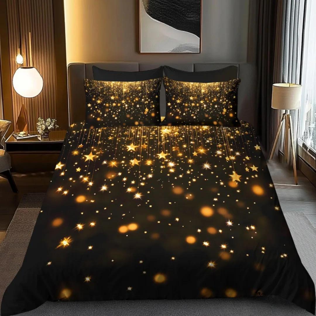 

3Pcs Black Golden Shiny 3D Print Bedding Set Cozy Comfortable Duvet Cover King Queen Twin Size Birthday Gift Bedroom Decoration EU Twin(135x200cm)