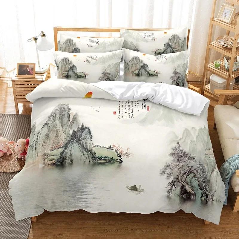 Comforter Ink Painting King Queen Chinese Landscape Painting Bedding Set Adults Idyllic Scenery Mountain Polyester
