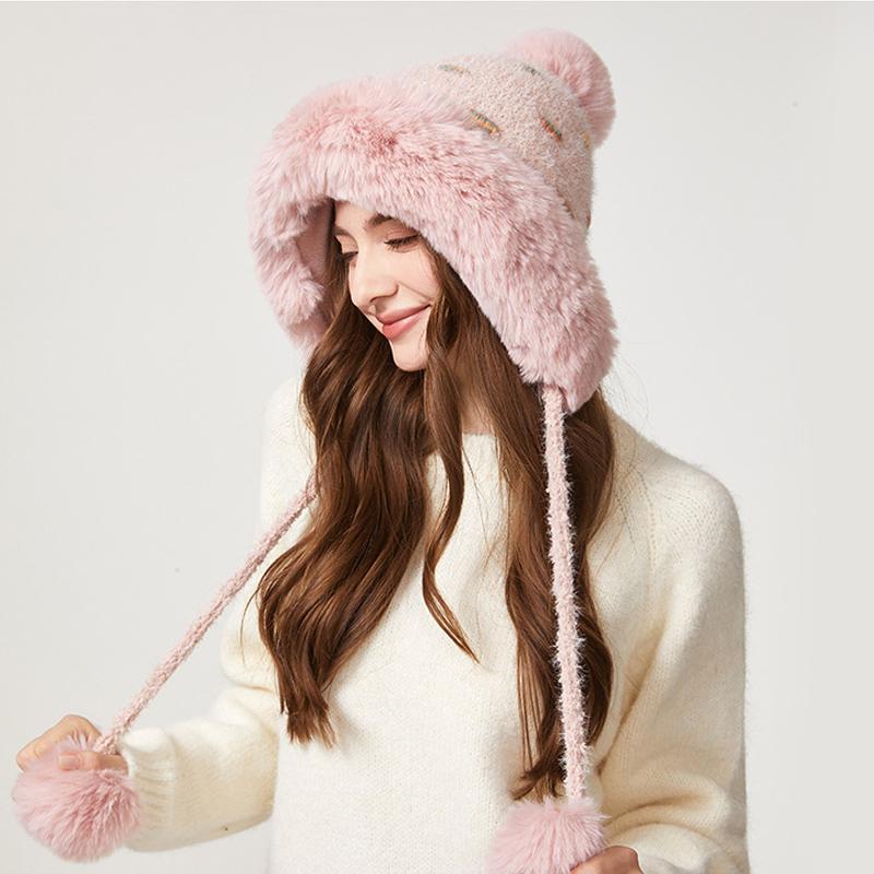 Knitted Hat Women's Thick Wool Collar Wool Hat Plush Three-Ball Warm Hat