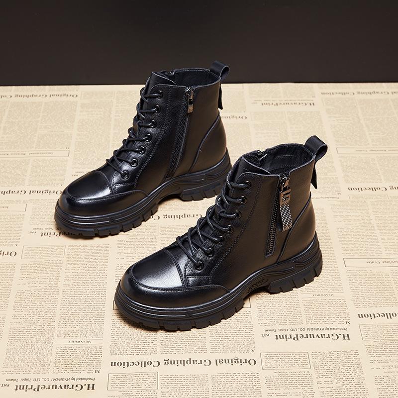 Leather Martin Boots Women's British Style Autumn and Winter New Short Boots Side Zipper Round Head Thick Heel Lace-up Trendy Boots