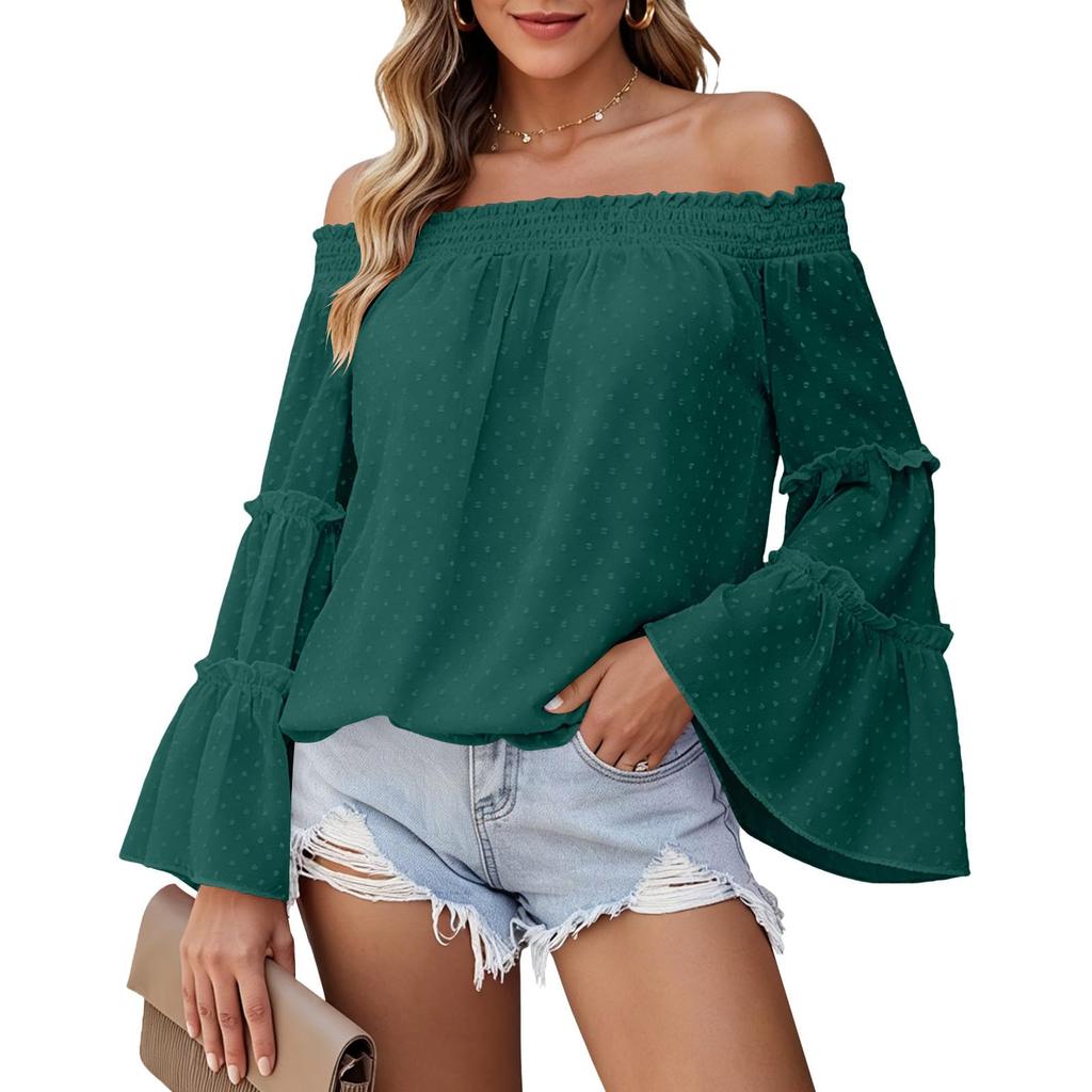 Women Off Shoulder Blouse Long Bell Sleeve Casual Loose Fit Lightweight Top with Smocked Neckline and Ruffle Detail