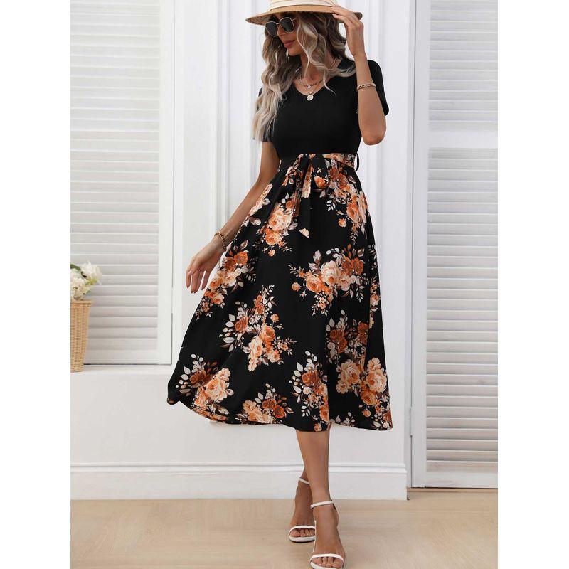 

Summer New Arrival Fashion Style Women s Clothing Fashion Temperament Printed Patchwork Lace-up Waist-Controlled Slimming Dress Long Skirt Figure Color S