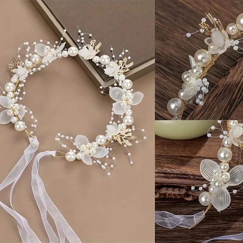 Fascia per Capelli a Ghirlanda Floreale Dolce con Perle Imitazione, Accessorio per Capelli per Feste, Matrimoni, Compleanni, Principesse