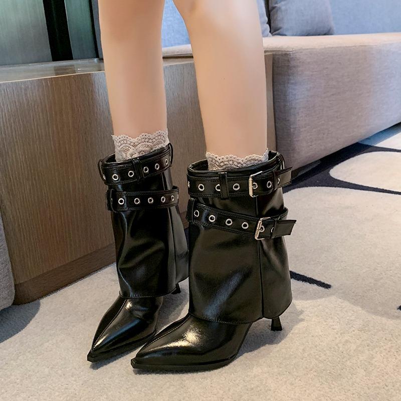 Belt Buckle Mid-leg Boots Autumn New Pointed Toe Sleeve Studded Metal Buckle Thin Folkel Boots
