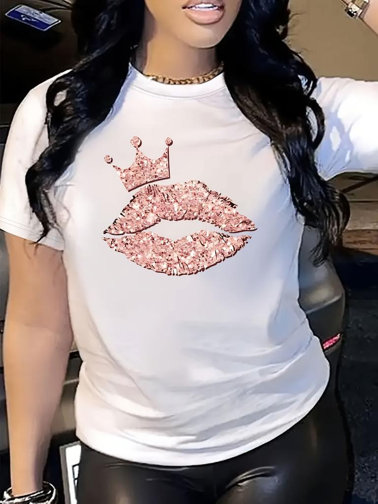 Damen Casual Kurzarm Lippenabdruck Rundhals T-Shirt für Frühling & Sommer Damenmode Grafikbekleidung 2026 Sommer Neues T-Shirt
