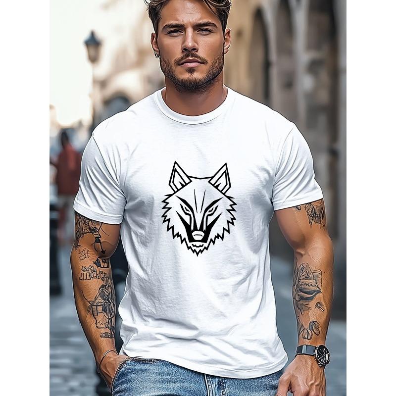 

Мужская летняя повседневная футболка с круглым вырезом и принтом головы белого волка S белый