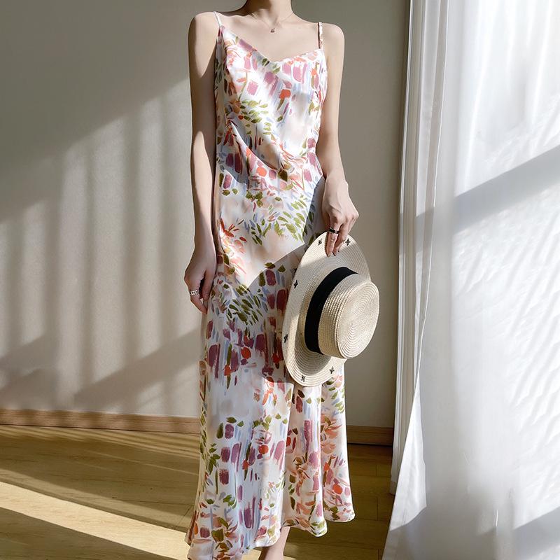 New Women's French Floral Mulberry Silk Satin V-Neck A-Line Camisole Dress - Slimming Summer Style