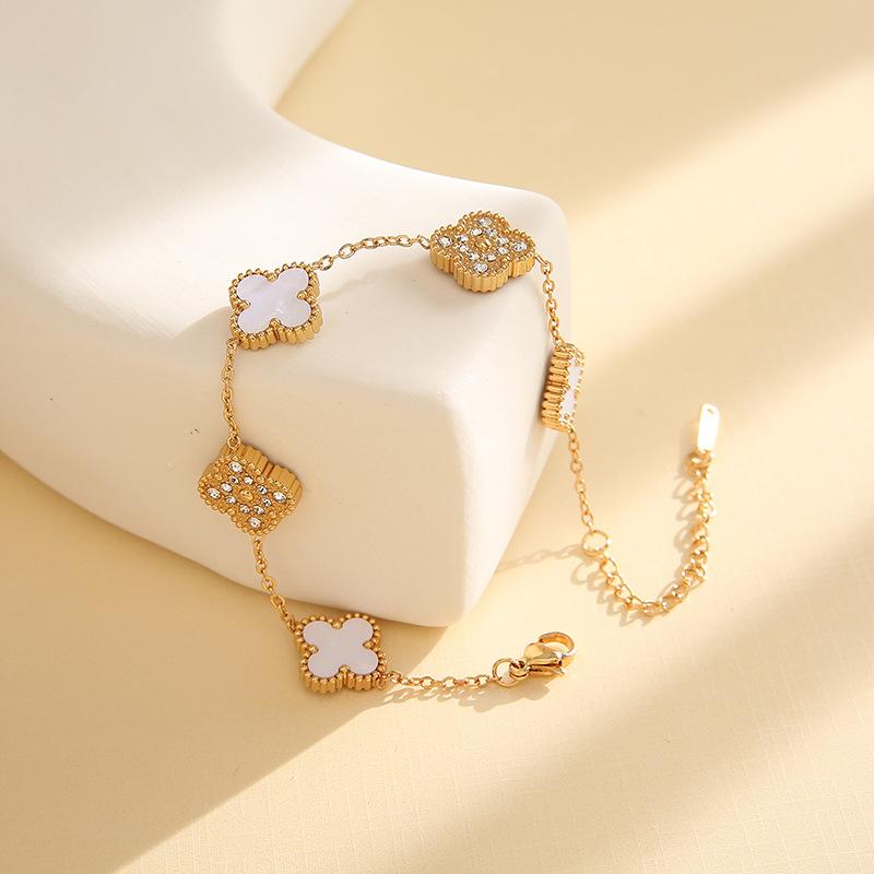Double-sided Mother-of-pearl Lucky Five-flower Four-leaf Clover Bracelet Light Luxury Fashion Ins Style Non-fading Ladies Bracelet