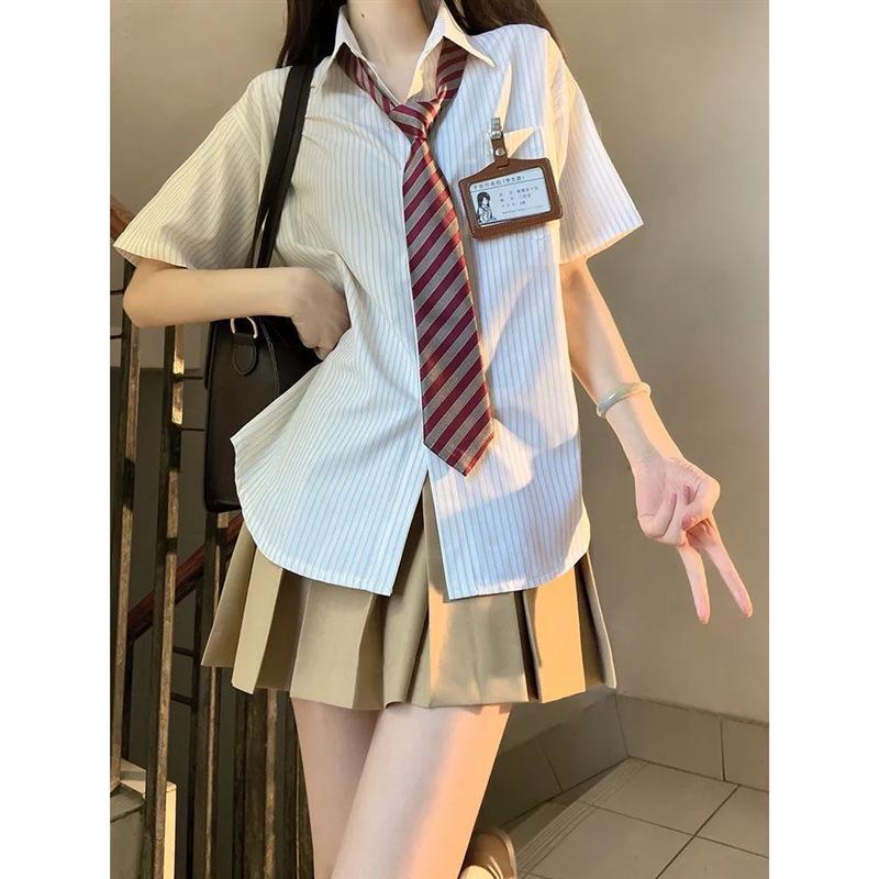 Women's Summer Striped JK Uniform Style Short Sleeve Blouse