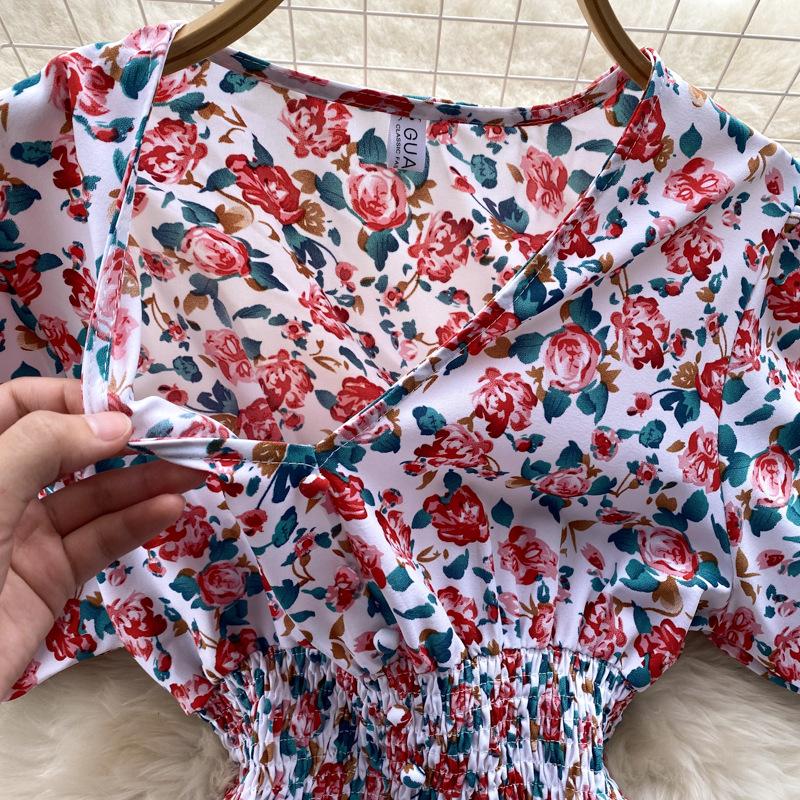 Women Summer Spring Short Sleeve Flower Print V-neck Casual A-Line Ankle-Length High Waist Dress
