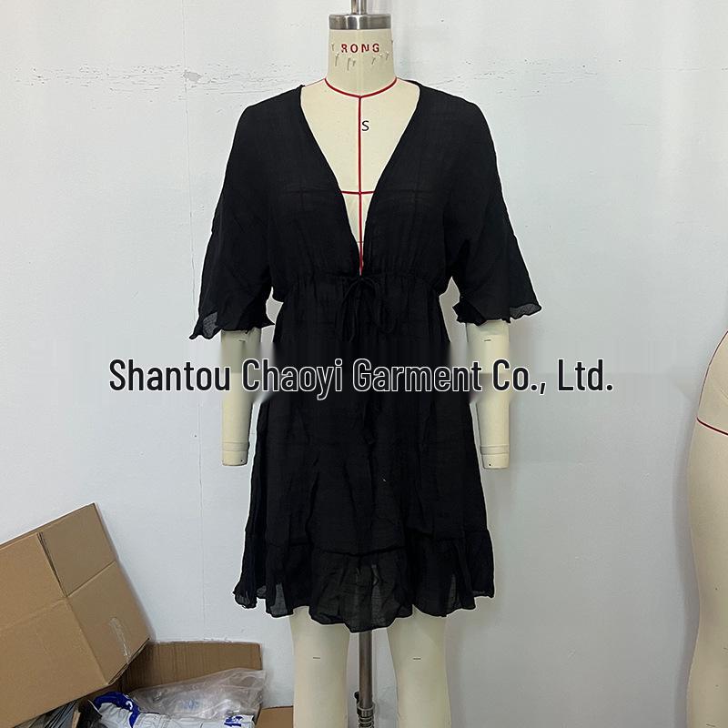 European & American Vacation Sun Protection Sheer Ruffle Bikini Cover-up Dress with Drawstring Waist.