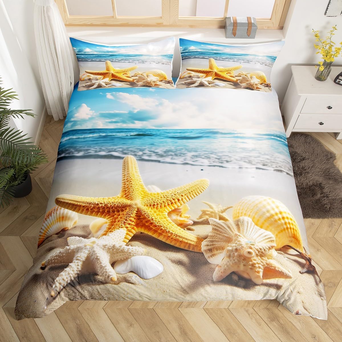 

Starfish Seashell Conch Duvet Cover Hawaiian Beach Bedding Set Twin Queen Coastal Nautical Comforter Cover for Boys Girls Teens EU Single(135*200cm)3pcs