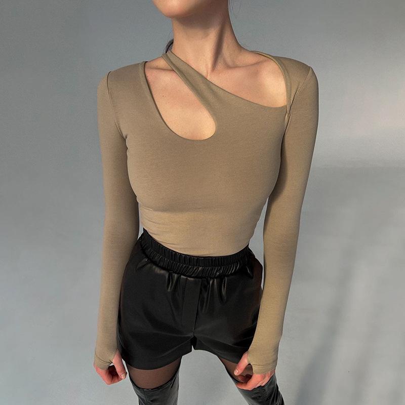 Asymmetric Hollow Neckline Solid Color One Piece Sexy Spicy Girl Fashion Slim Fit Long Sleeve Top