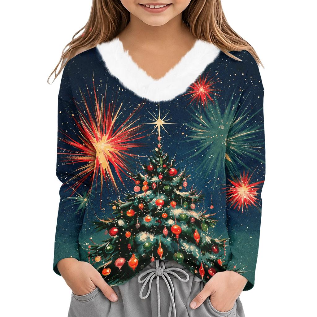 Girls' V-Neck Christmas Print Long Sleeve Thermal Shirt for Winter Base Layer