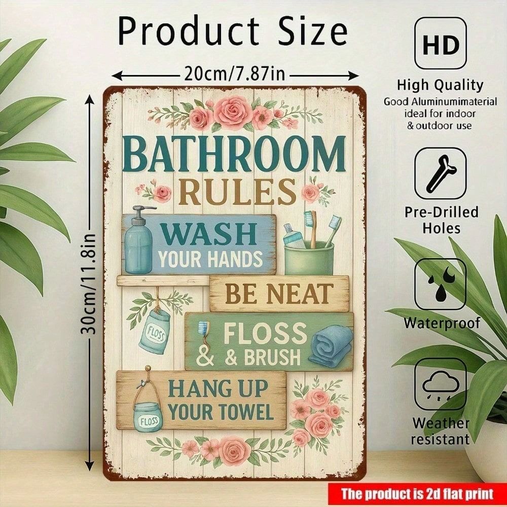 Vintage Metal Poster Wall Art, Retro Flower Bathroom Rule Sign Home Decor