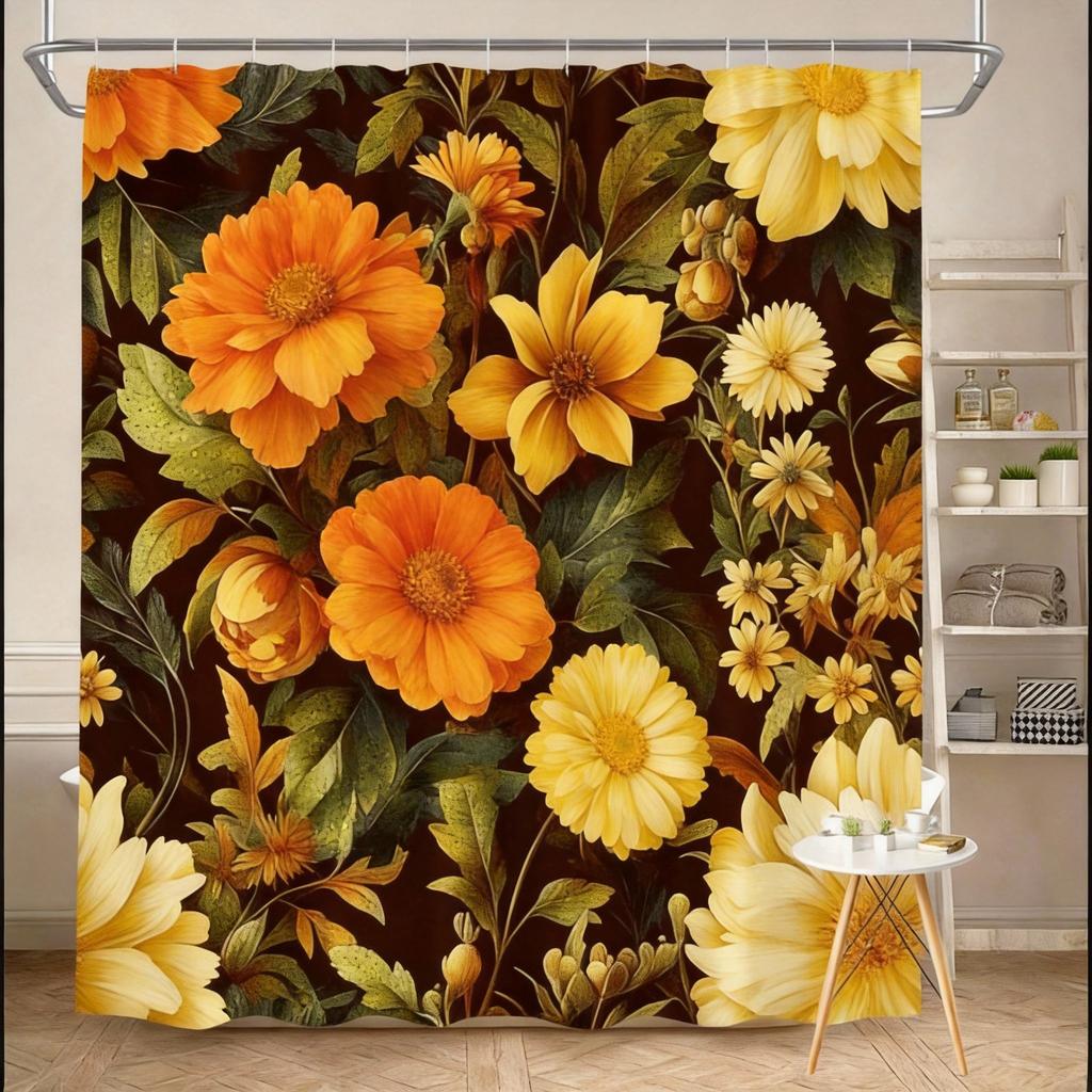 Vintage Floral Shower Curtain 180x180cm – Cream & Gold Peonies with Daisies on Black Background, Elegant Bathroom Decor 12 Hooks