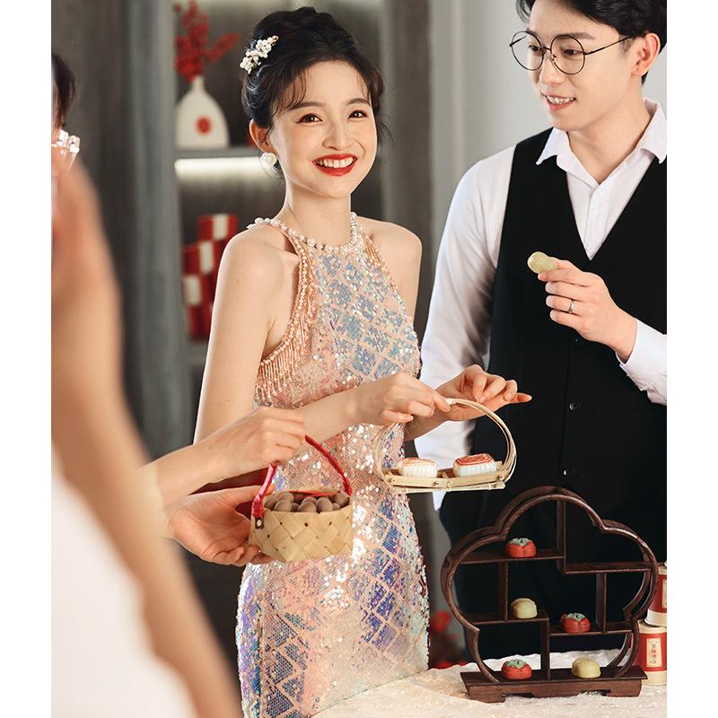 Light Luxury Niche Style Engagement Evening Dress Female Fish Tail Toast Dress Bride Dress Sequins French Summer