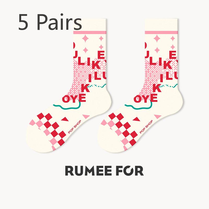 5 Pairs of Female Spring and Summer Sweat Tide Love In The Tube Cotton Socks
