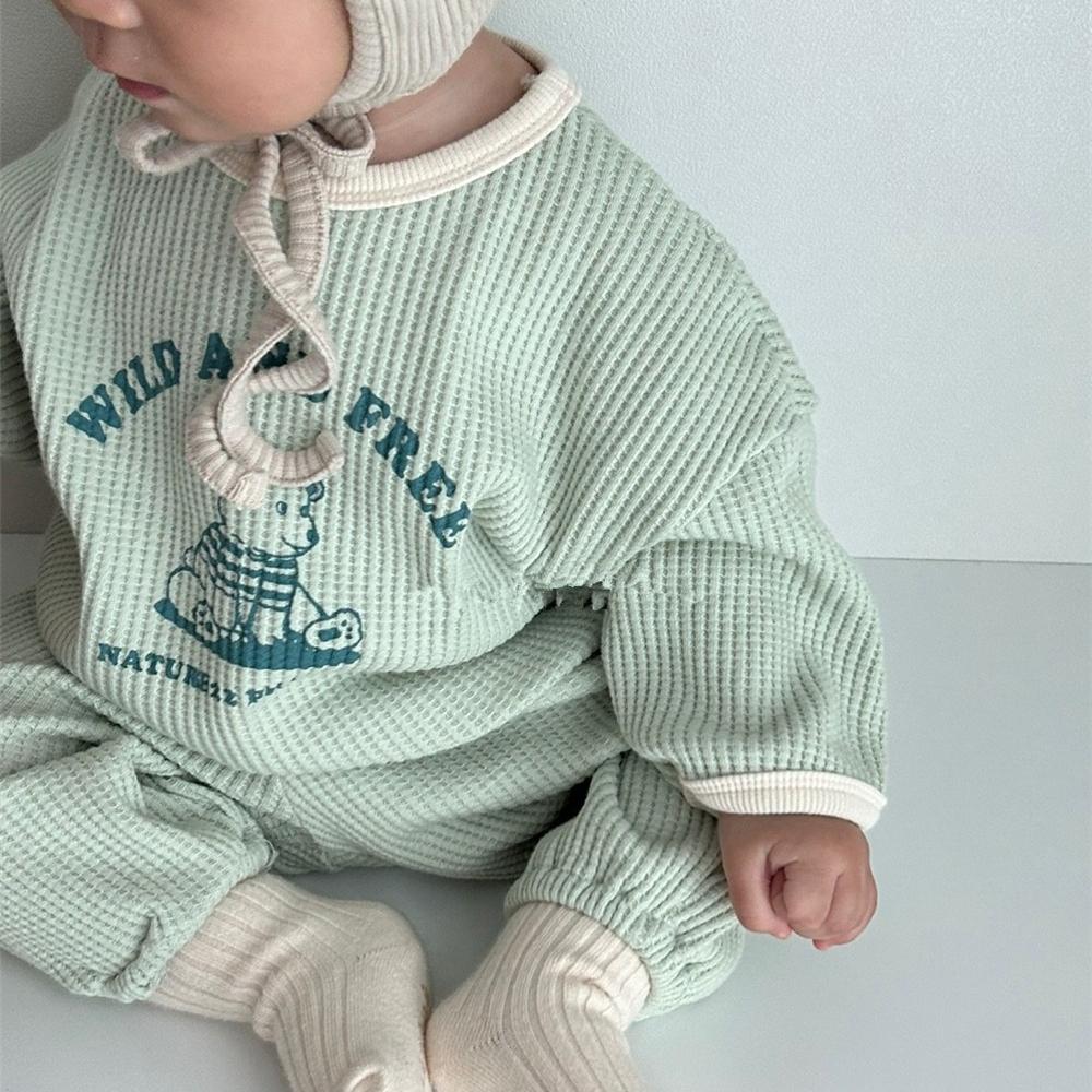 Wiosna Jesień Zestaw Ubrań Dziecięcych Chłopiec Dziewczynka Niemowlę Wafel Kreskówka Długi Rękaw Bluzki+Gładkie Spodnie 2szt Dzieci Nadruk Liter T-shirt Garnitur