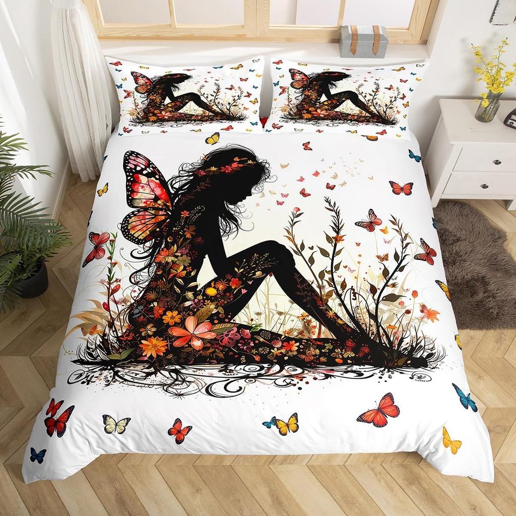 Fairy Girl with Wings Bedding Set Garden Fantasy Floral Duvet Cover Flying Butterfly Comforter Cover Colorful Flower Quilt Cover