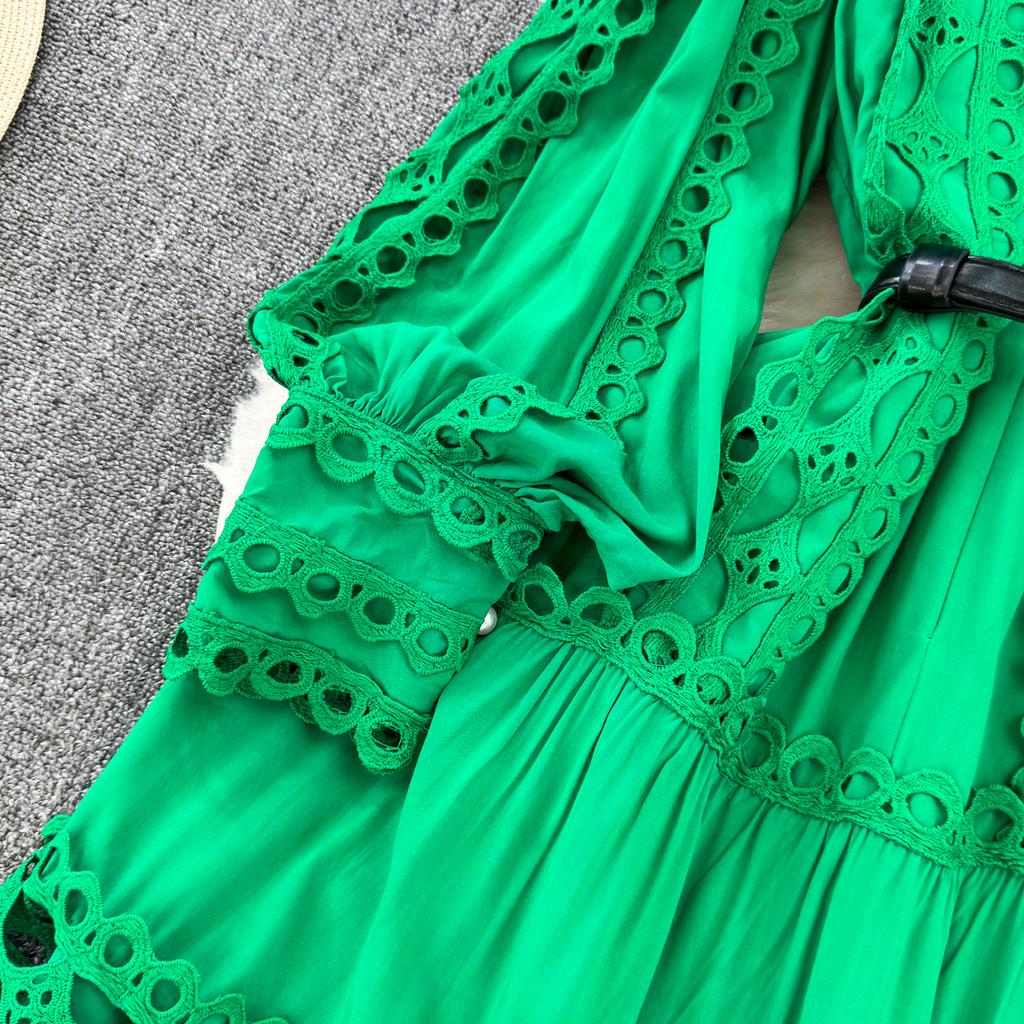 Court Style Elegant Dresses for Women Crochet Lace Hollow Out O-neck Lantern Sleeve Female Vestidos A-line Belted Dress Dropship