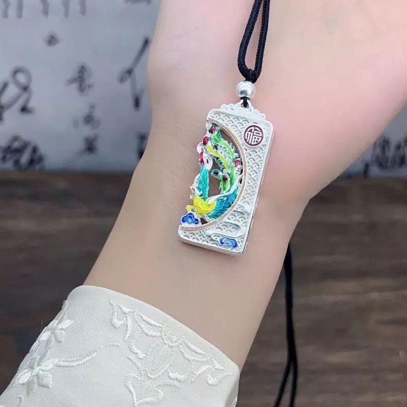 Enamel color dragon and phoenix Chengxiang no matter brand pendant necklace engraving auspicious cloud blessing characters to send Qixi Festival gifts