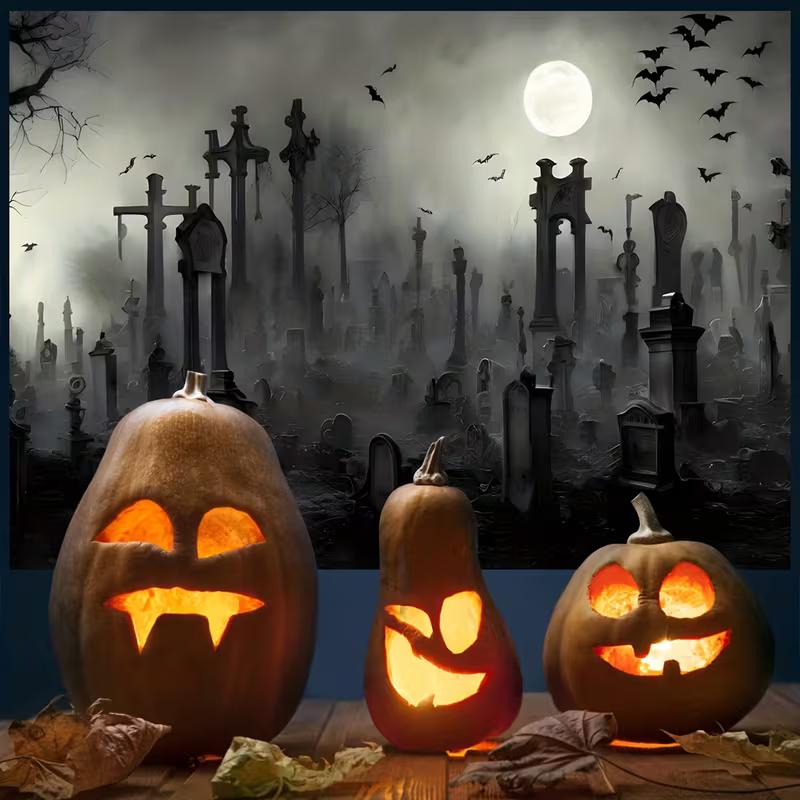 2D Vintage Halloween Graveyard Backdrop Full Moon Foggy Tombstone Photo Prop
