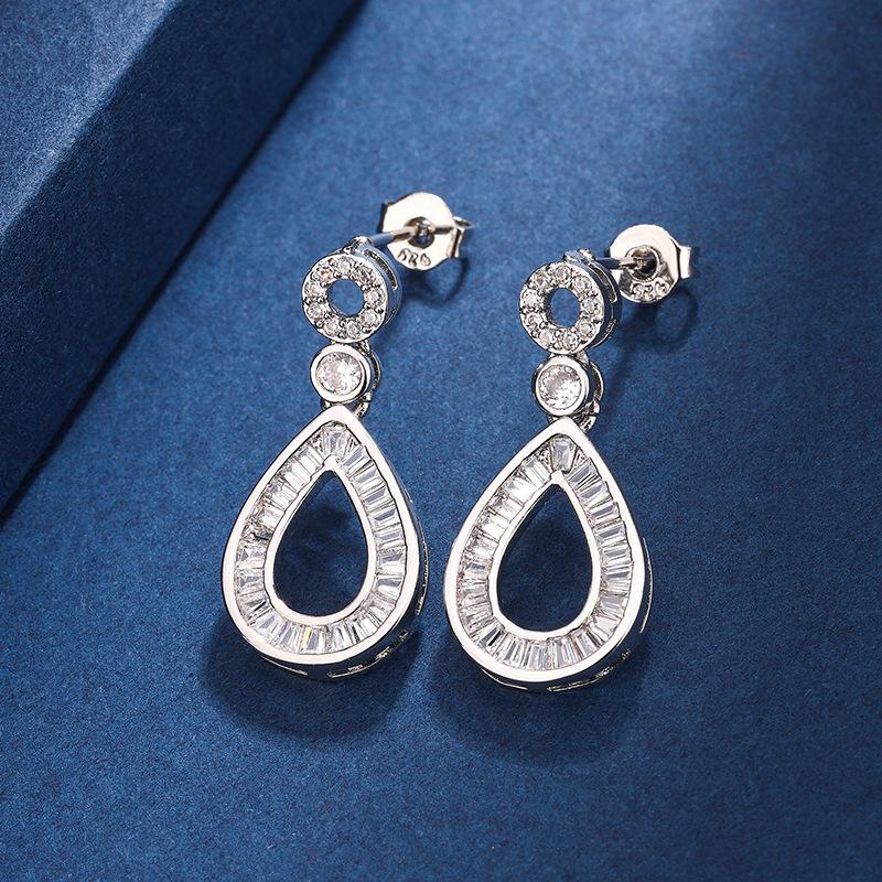 Temperament Hollow Water Drop Cubic Zirconia Dangle Earrings  Sterling Silver Drop Earrings for Women Wedding Trendy серебряный