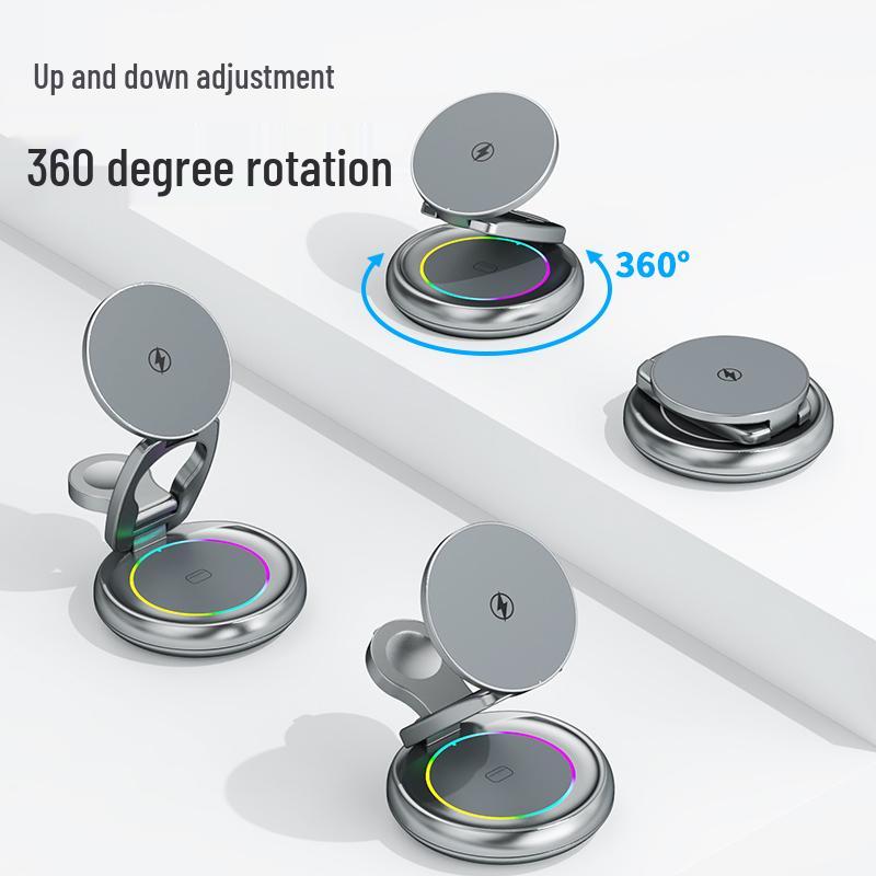 15W 3-in-1 Foldable Magnetic Wireless Charger Stand for Apple Watch, Earphones, and Phone