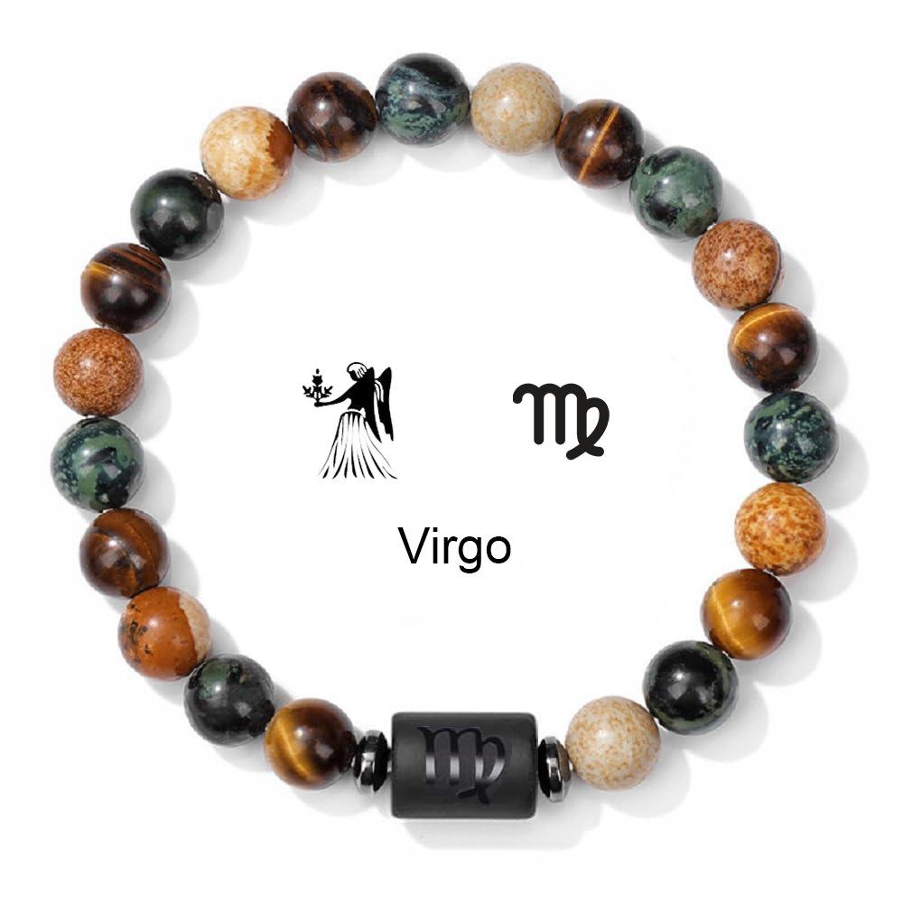 Natural Stone Tiger Eye Picture Jasper Round Beads 12 Constellation Bracelet for Men and Women Zodiac Signs Bracelet Aries