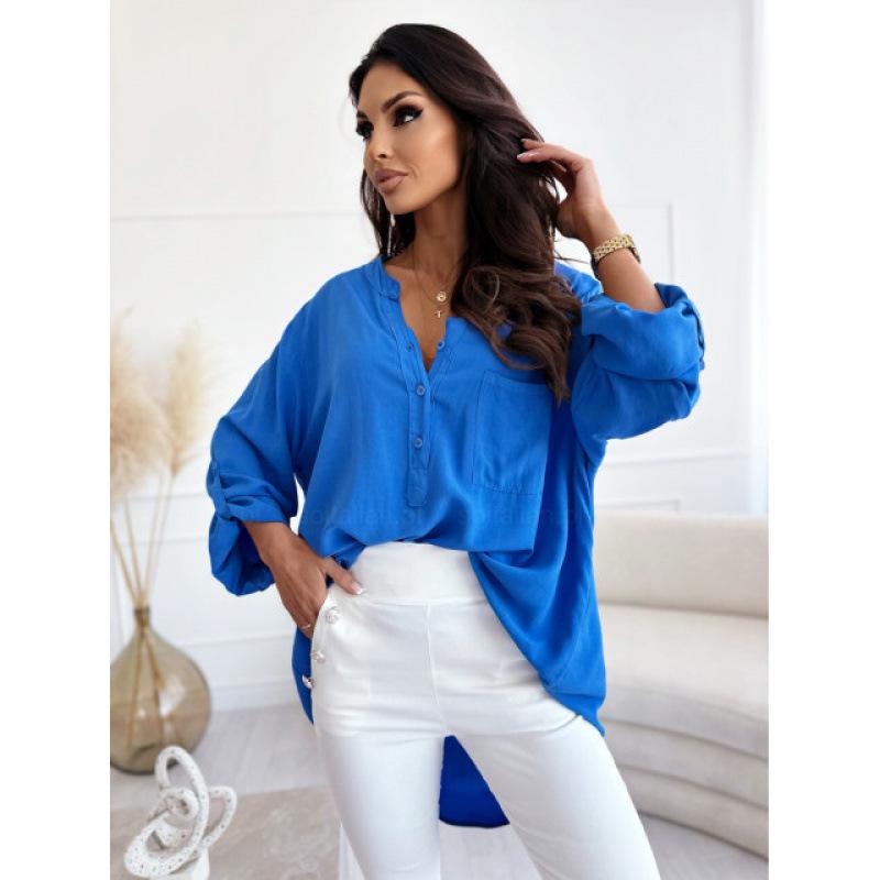 Women's Simple Loose Half-open Collar Single-breasted Long-sleeve Solid Color Shirt