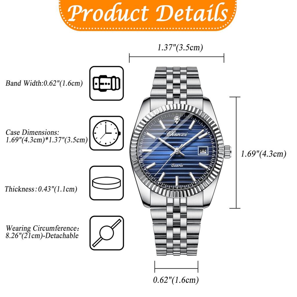 Watch with 3D Cut Stainless Steel 3ATM Water Date Luminous Adjustable Analog Quartz Durable for Business and Casual Wear Perfect for or as a Keepsake