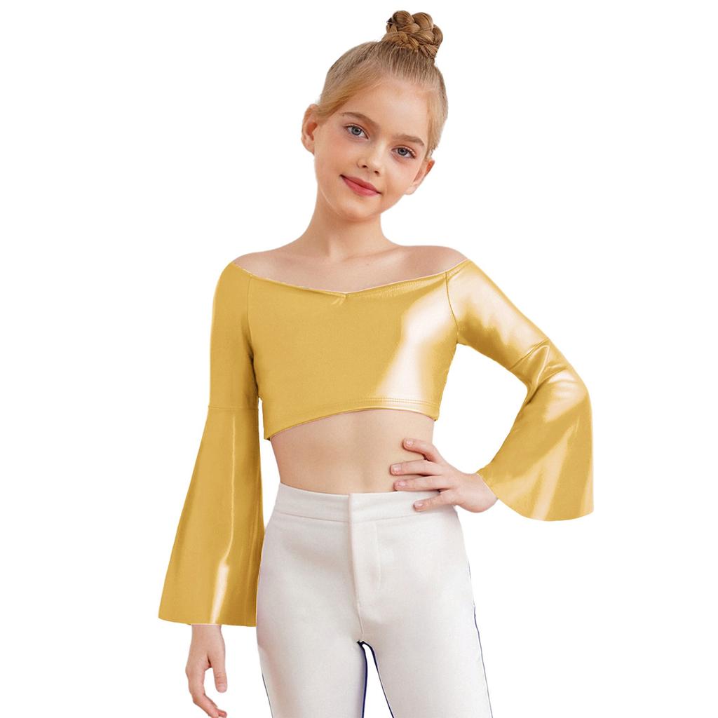 Flickors Prestanda Crop Top Lång Utställd Ärm Off Shoulder Metallisk Design Födelsedagsfest Toppar