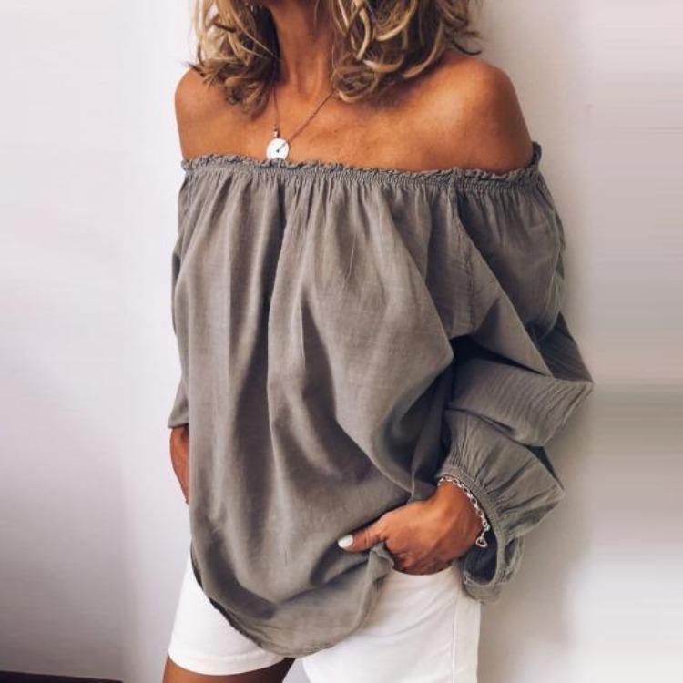 Party Top Autumn Winter Solid Color Women Blouse Pleated Off Shoulder Long Sleeve
